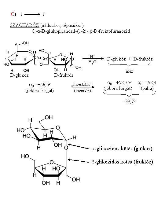 C) 1 1’ SZACHARÓZ (nádcukor, répacukor): O-a-D-glükopiranozil-(1 -2)- b-D-fruktofuranozid 6 1 1(a) 2(a) 4