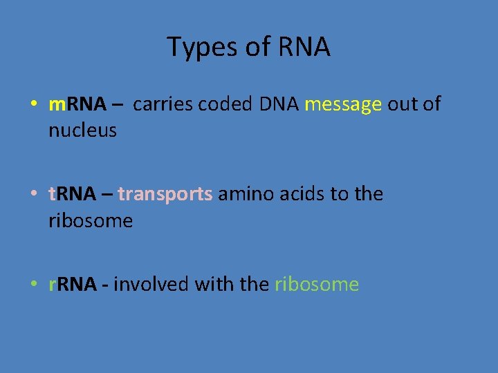 Types of RNA • m. RNA – carries coded DNA message out of nucleus