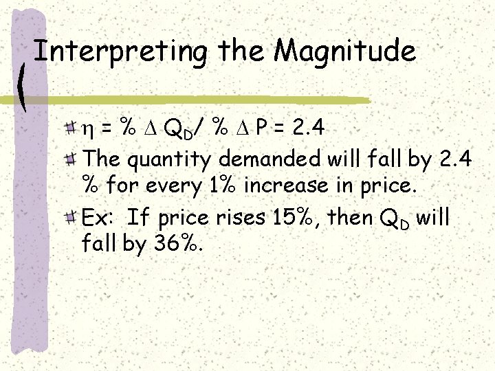 Interpreting the Magnitude = % QD/ % P = 2. 4 The quantity demanded