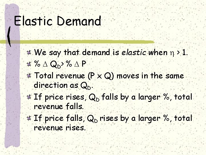 Elastic Demand We say that demand is elastic when > 1. % Q D>