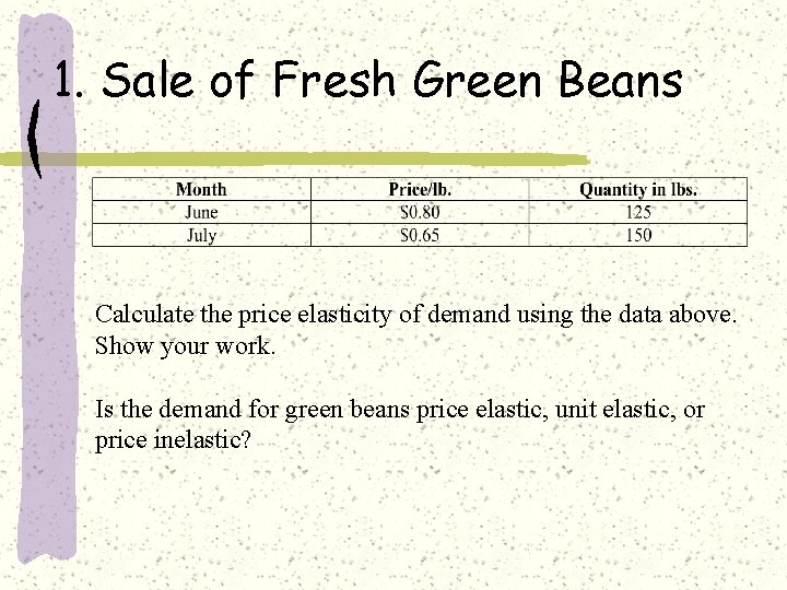 1. Sale of Fresh Green Beans Calculate the price elasticity of demand using the