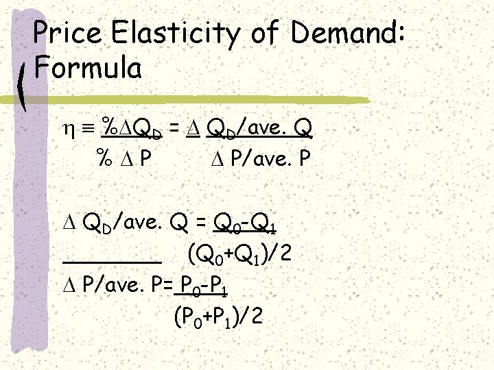 Price Elasticity of Demand: Formula % QD = QD/ave. Q % P P/ave. P