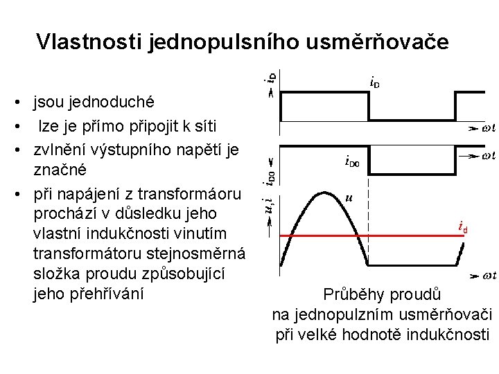 Vlastnosti jednopulsního usměrňovače • jsou jednoduché • lze je přímo připojit k síti •