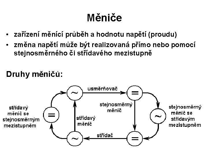 Měniče • zařízení měnící průběh a hodnotu napětí (proudu) • změna napětí může být