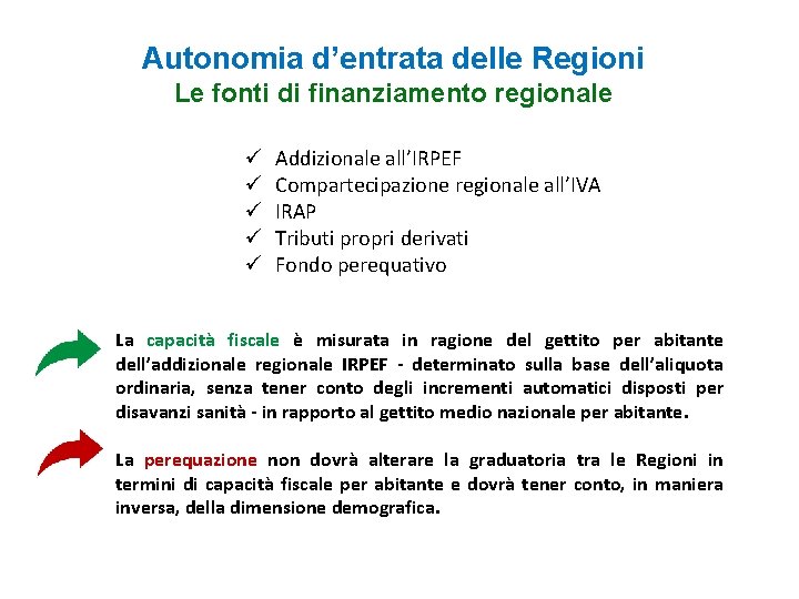 Autonomia d’entrata delle Regioni Le fonti di finanziamento regionale ü ü ü Addizionale all’IRPEF