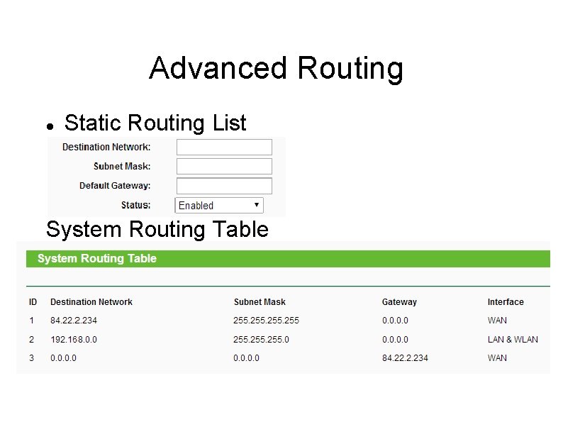 Advanced Routing Static Routing List System Routing Table 