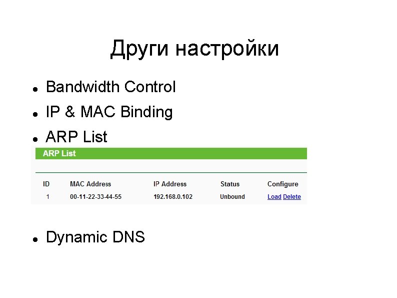 Други настройки Bandwidth Control IP & MAC Binding ARP List Dynamic DNS 