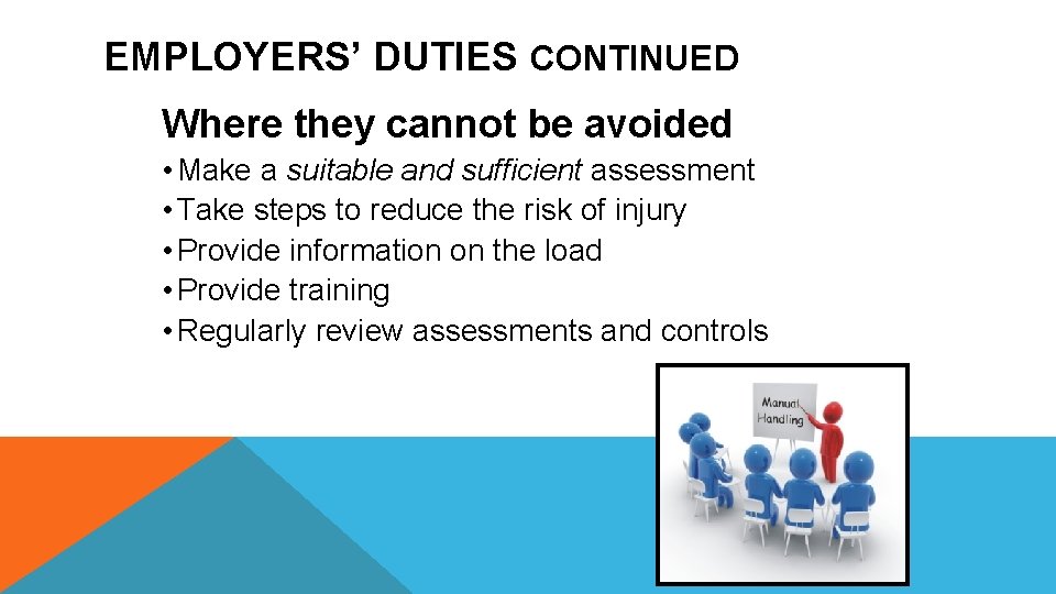 EMPLOYERS’ DUTIES CONTINUED Where they cannot be avoided • Make a suitable and sufficient