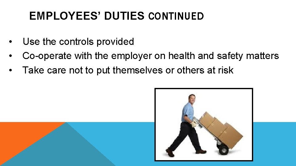 EMPLOYEES’ DUTIES CONTINUED • • • Use the controls provided Co-operate with the employer