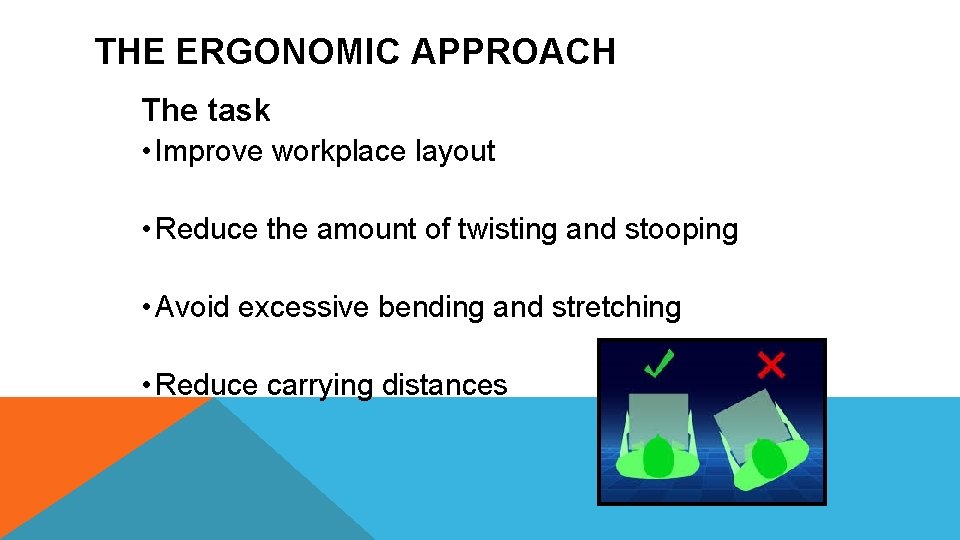 THE ERGONOMIC APPROACH The task • Improve workplace layout • Reduce the amount of