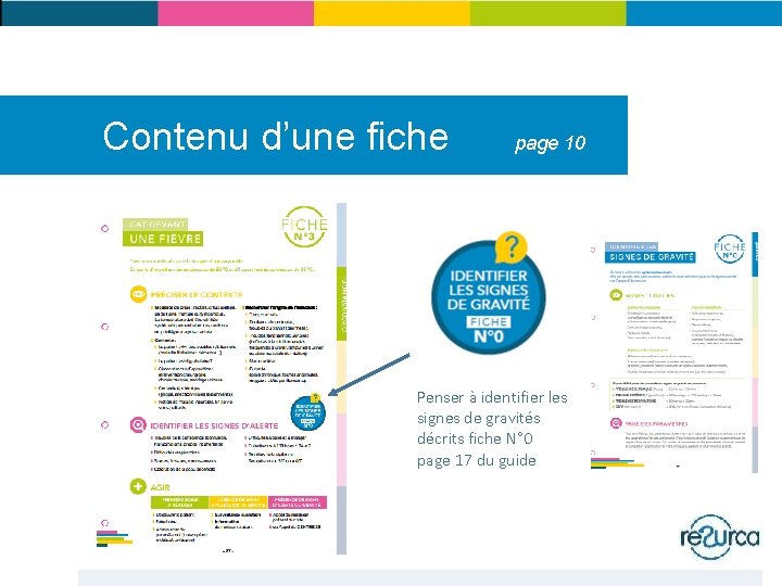 Contenu d’une fiche page 10 Penser à identifier les signes de gravités décrits fiche