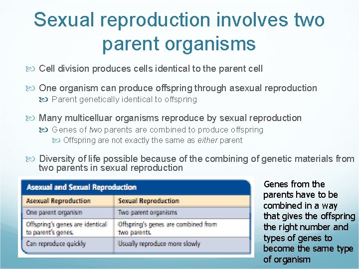 Sexual reproduction involves two parent organisms Cell division produces cells identical to the parent
