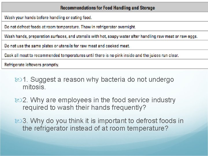  1. Suggest a reason why bacteria do not undergo mitosis. 2. Why are