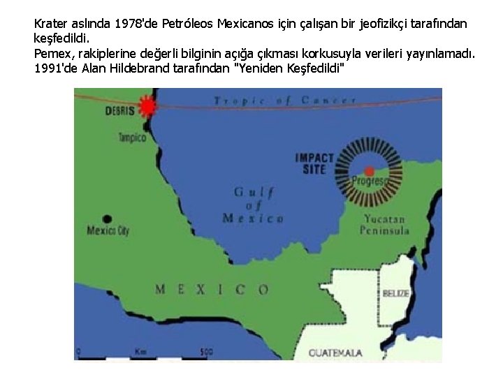 Krater aslında 1978'de Petróleos Mexicanos için çalışan bir jeofizikçi tarafından keşfedildi. Pemex, rakiplerine değerli