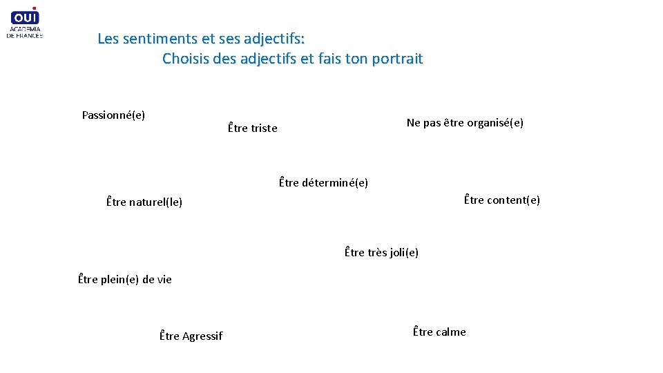 Les sentiments et ses adjectifs: Choisis des adjectifs et fais ton portrait Passionné(e) Ne Les sentiments et ses adjectifs: Choisis des adjectifs et fais ton portrait Passionné(e) Ne