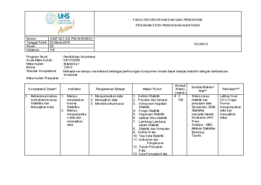 FAKULTAS KEGURUAN DAN ILMU PENDIDIKAN PROGRAM STUDI PENDIDIKAN AKUNTANSI Nomor Tanggal Terbit Revisi Halaman