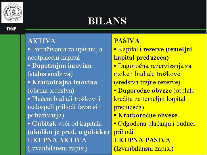 (pl BILANS RGNF AKTIVA • Potraživanja za upisani, a neotplaćeni kapital • Dugotrajna imovina