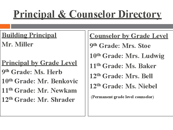 Principal & Counselor Directory Building Principal Mr. Miller Principal by Grade Level 9 th Principal & Counselor Directory Building Principal Mr. Miller Principal by Grade Level 9 th