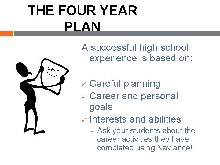 THE FOUR YEAR PLAN A successful high school experience is based on: Care e THE FOUR YEAR PLAN A successful high school experience is based on: Care e