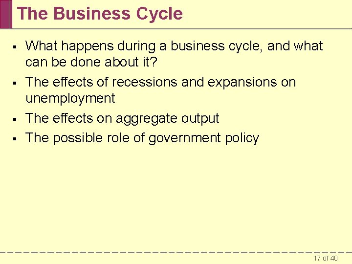 The Business Cycle § § What happens during a business cycle, and what can