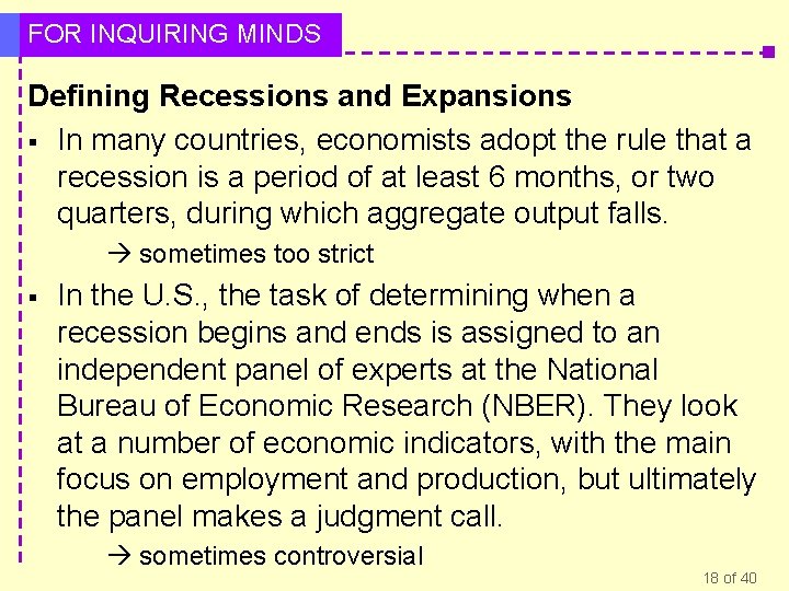 FOR INQUIRING MINDS Defining Recessions and Expansions § In many countries, economists adopt the