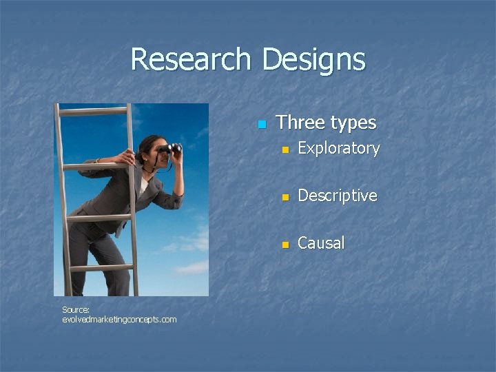 Research Designs n Source: evolvedmarketingconcepts. com Three types n Exploratory n Descriptive n Causal