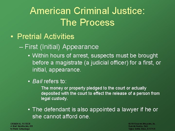 American Criminal Justice: The Process • Pretrial Activities – First (Initial) Appearance • Within