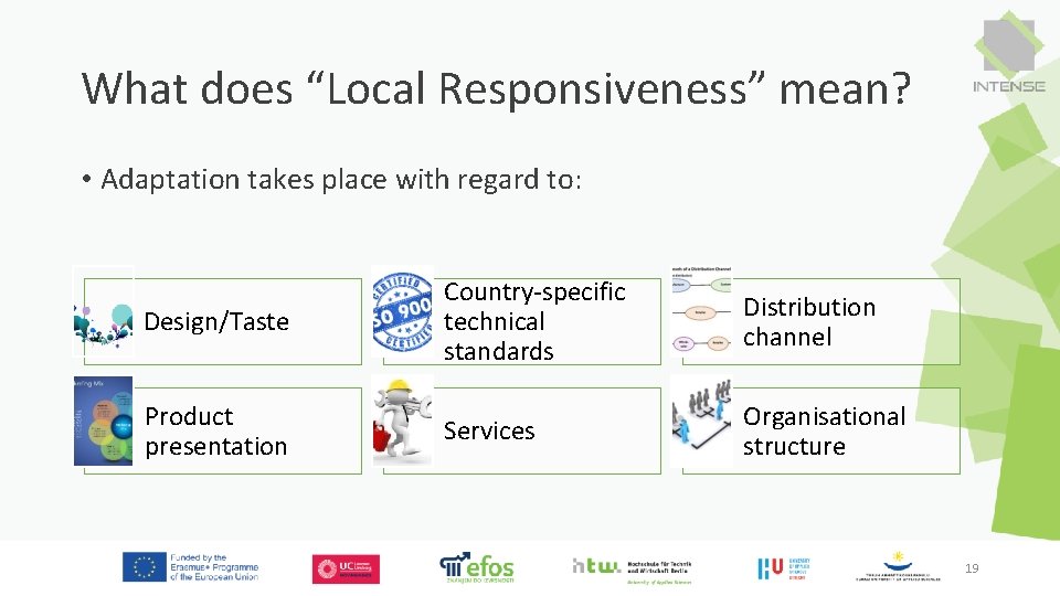 What does “Local Responsiveness” mean? • Adaptation takes place with regard to: Design/Taste Country-specific What does “Local Responsiveness” mean? • Adaptation takes place with regard to: Design/Taste Country-specific