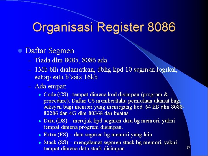 Organisasi Register 8086 l Daftar Segmen – Tiada dlm 8085, 8086 ada – 1