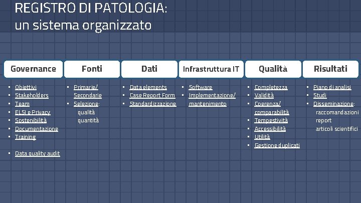 REGISTRO DI PATOLOGIA: un sistema organizzato Governance Fonti Obiettivi Stakeholders Team ELSI e Privacy