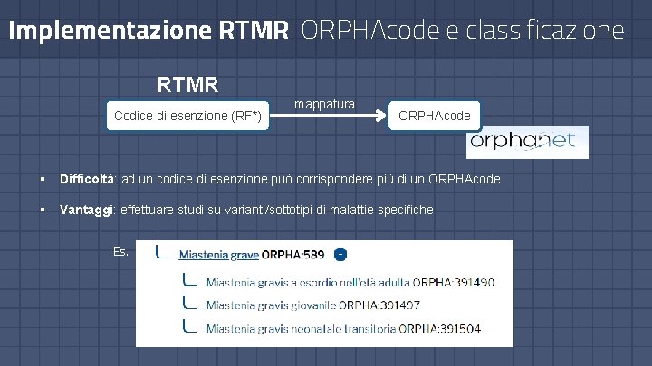 Implementazione RTMR: ORPHAcode e classificazione RTMR Codice di esenzione (RF*) mappatura ORPHAcode § Difficoltà: