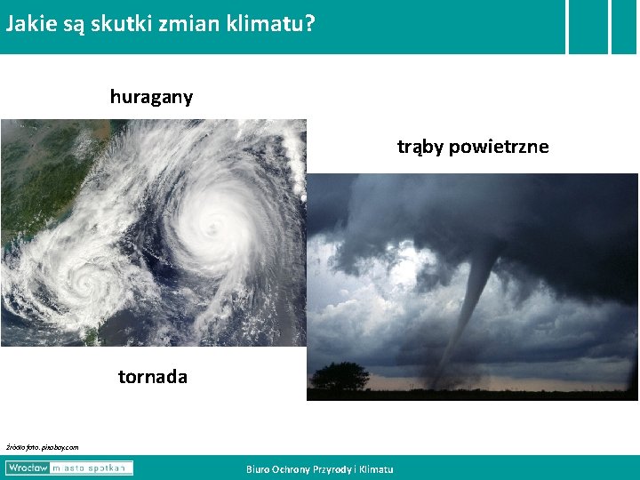 Jakie są skutki zmian klimatu? huragany trąby powietrzne tornada Źródło foto: pixabay. com Biuro