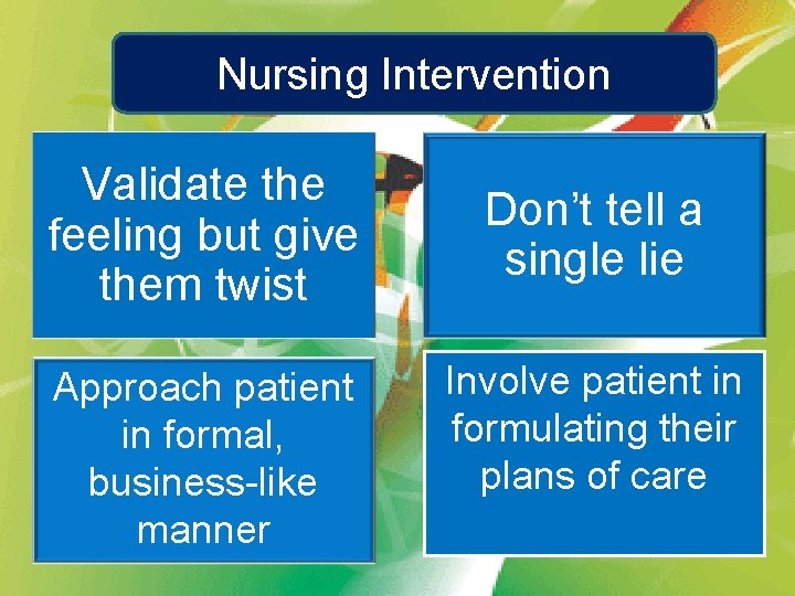 Nursing Intervention Validate the feeling but give them twist Approach patient in formal, business-like