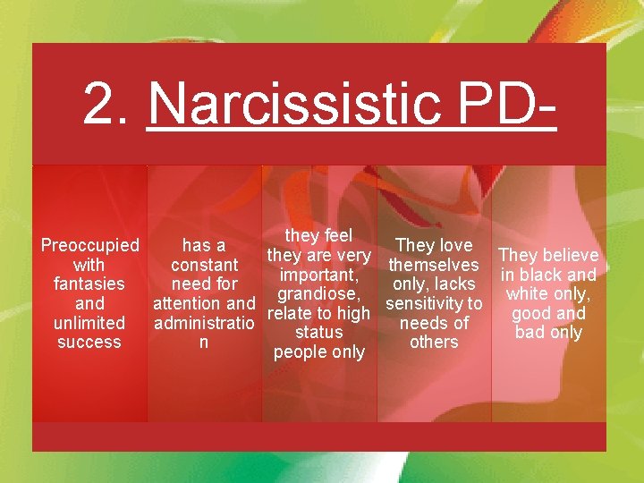 2. Narcissistic PDthey feel Preoccupied has a They love they are very They believe