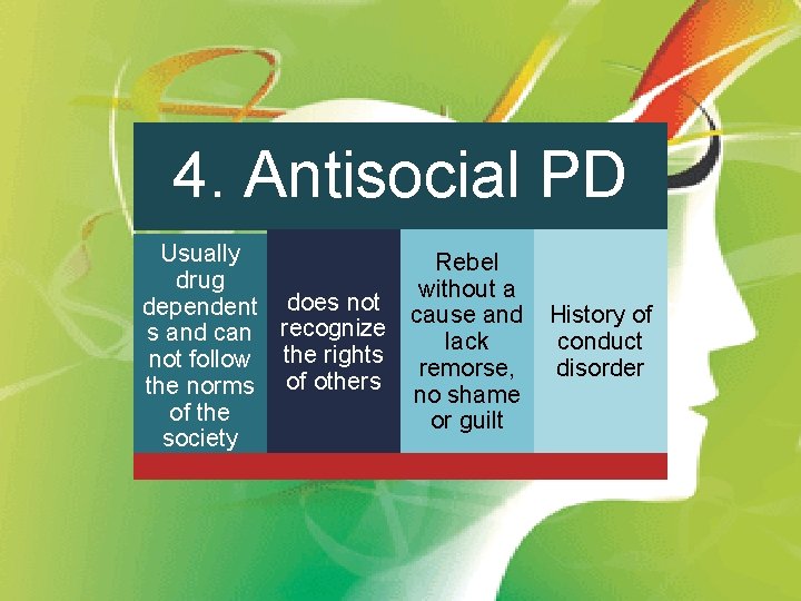 4. Antisocial PD Usually Rebel drug without a does not dependent cause and recognize
