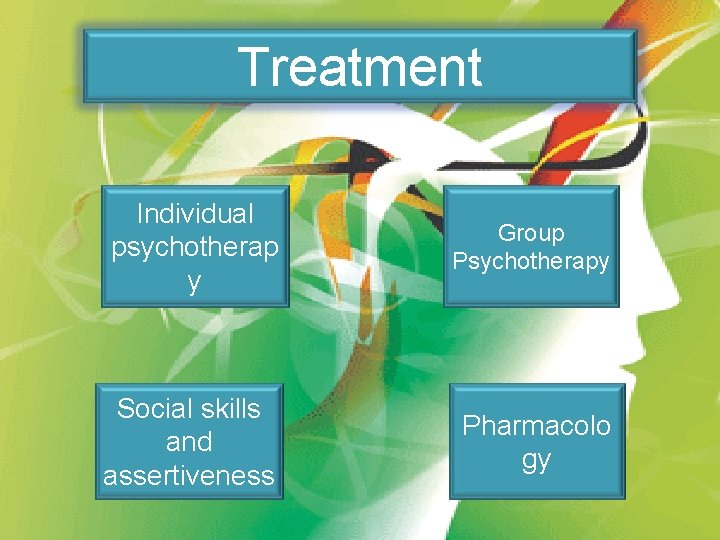 Treatment Individual psychotherap y Group Psychotherapy Social skills and assertiveness Pharmacolo gy 