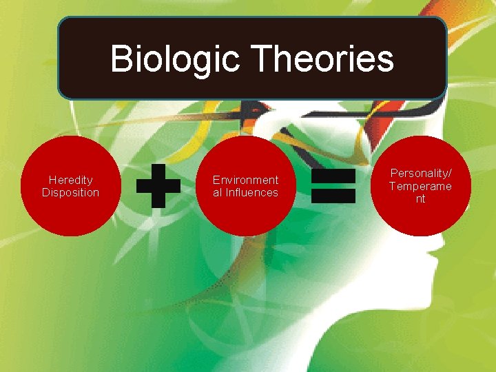 Biologic Theories Heredity Disposition Environment al Influences Personality/ Temperame nt 