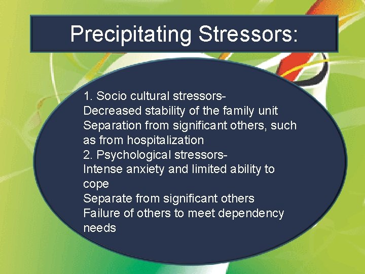 Precipitating Stressors: 1. Socio cultural stressors. Decreased stability of the family unit Separation from