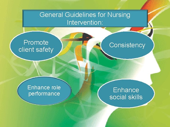 General Guidelines for Nursing Intervention: Promote client safety Enhance role performance Consistency Enhance social