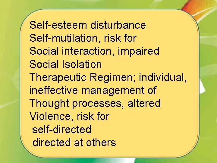 Self-esteem disturbance Self-mutilation, risk for Social interaction, impaired Social Isolation Therapeutic Regimen; individual, ineffective