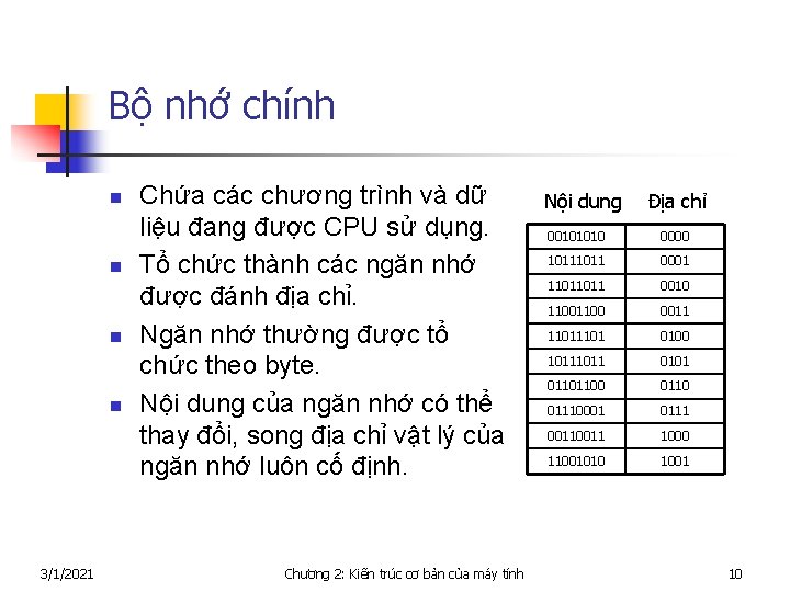 Bộ nhớ chính n n 3/1/2021 Chứa các chương trình và dữ liệu đang