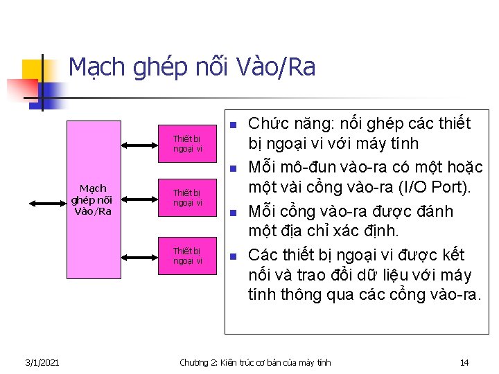 Mạch ghép nối Vào/Ra n Thiết bị ngoại vi n Mạch ghép nối Vào/Ra