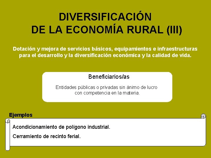 DIVERSIFICACIÓN DE LA ECONOMÍA RURAL (III) Dotación y mejora de servicios básicos, equipamientos e
