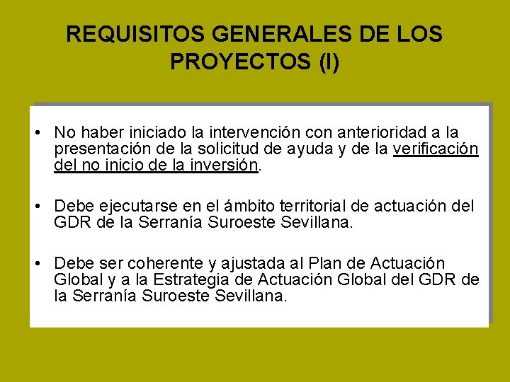 REQUISITOS GENERALES DE LOS PROYECTOS (I) • No haber iniciado la intervención con anterioridad