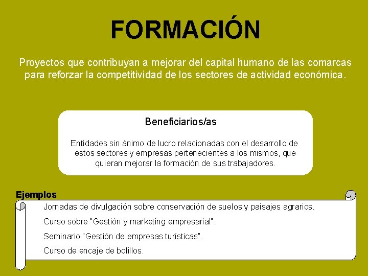 FORMACIÓN Proyectos que contribuyan a mejorar del capital humano de las comarcas para reforzar