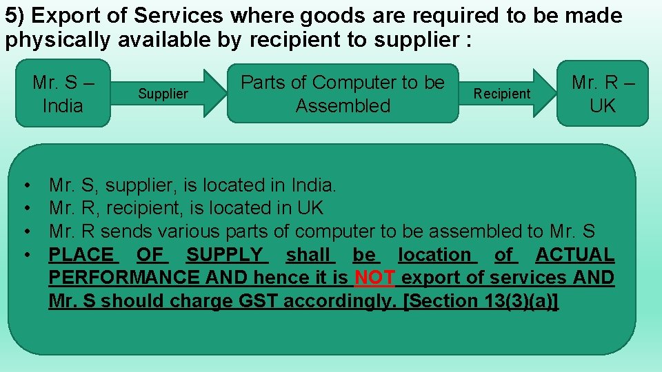 5) Export of Services where goods are required to be made physically available by