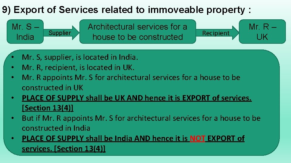 9) Export of Services related to immoveable property : Mr. S – India Supplier