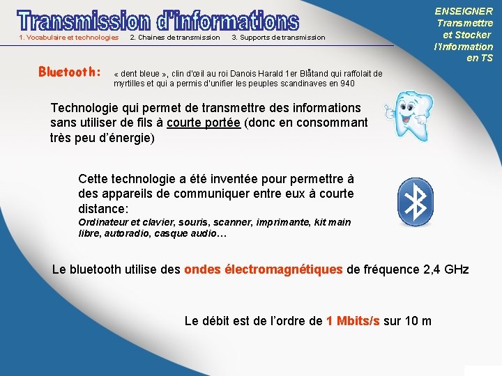 1. Vocabulaire et technologies 2. Chaines de transmission 3. Supports de transmission Bluetooth: ENSEIGNER