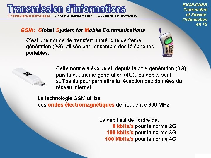 1. Vocabulaire et technologies 2. Chaines de transmission 3. Supports de transmission GSM: Global