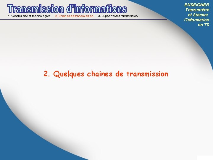 1. Vocabulaire et technologies 2. Chaines de transmission 3. Supports de transmission 2. Quelques